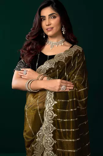 olive net saree with embroidered sequins floral designs