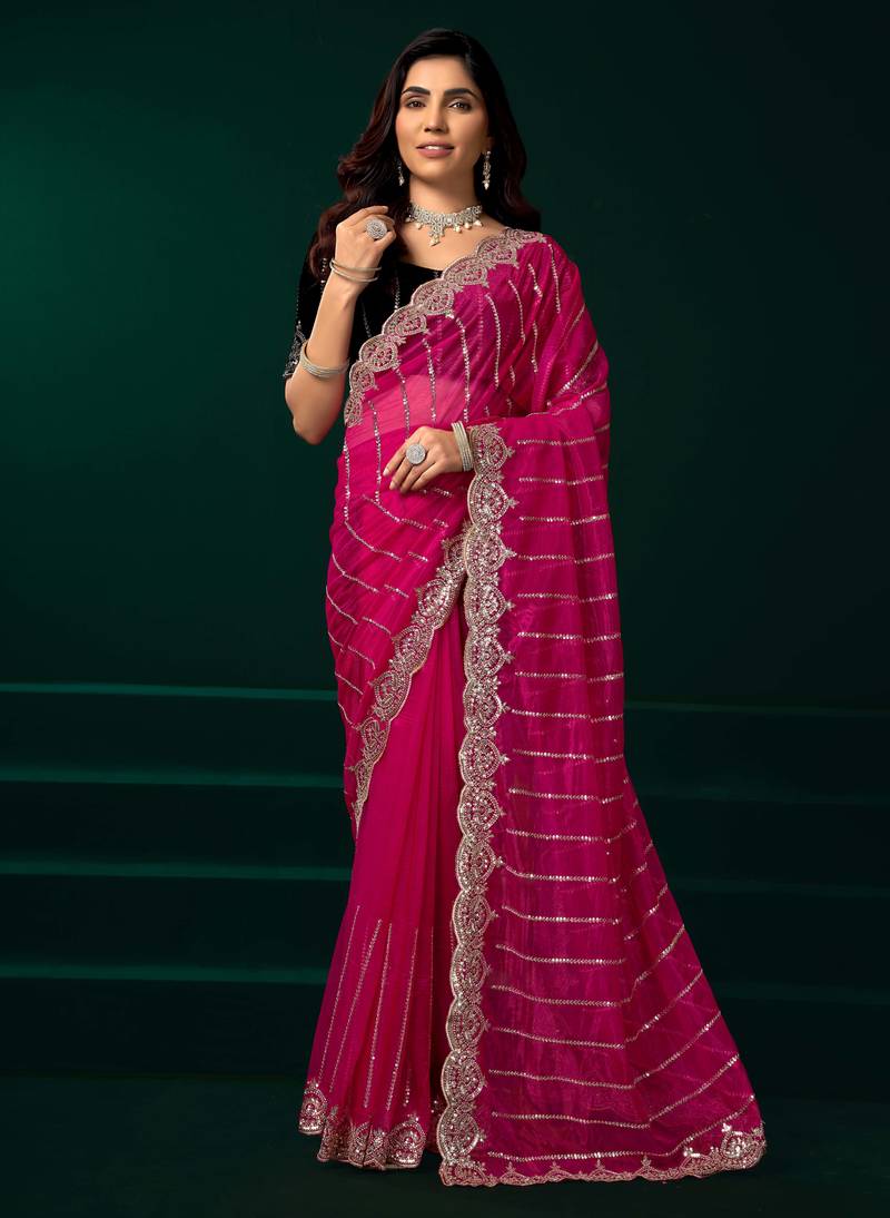 Pink designer net saree sequins embroidery party wear with velvet blouse