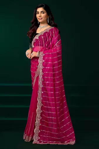 pink net saree with sequins embroidery and floral designs