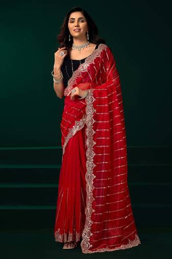 Red traditional net sequins work saree with unstitched velvet blouse