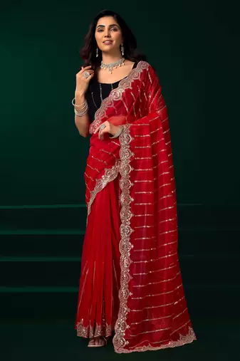 Red traditional net sequins work saree with unstitched velvet blouse