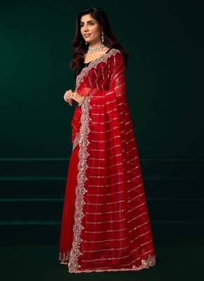 red net saree with embroidered sequins floral designs 2