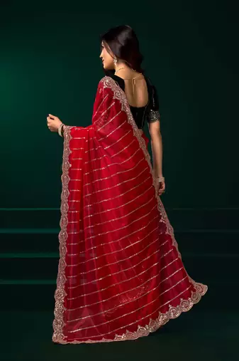 red net saree with embroidered sequins floral designs