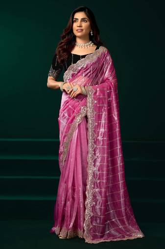 Rose pink embroidered net festival party wear saree with velvet blouse piece