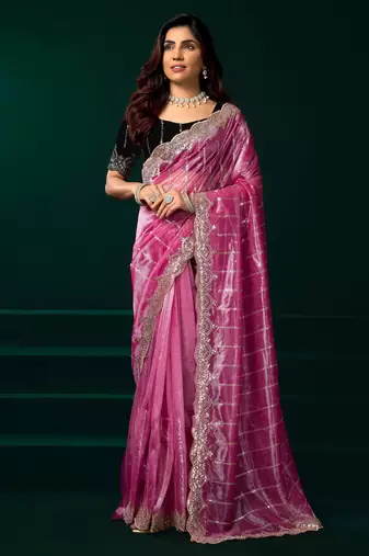 Rose pink embroidered net festival party wear saree with velvet blouse piece
