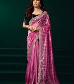 rose pink net saree with embroidered floral vine designs