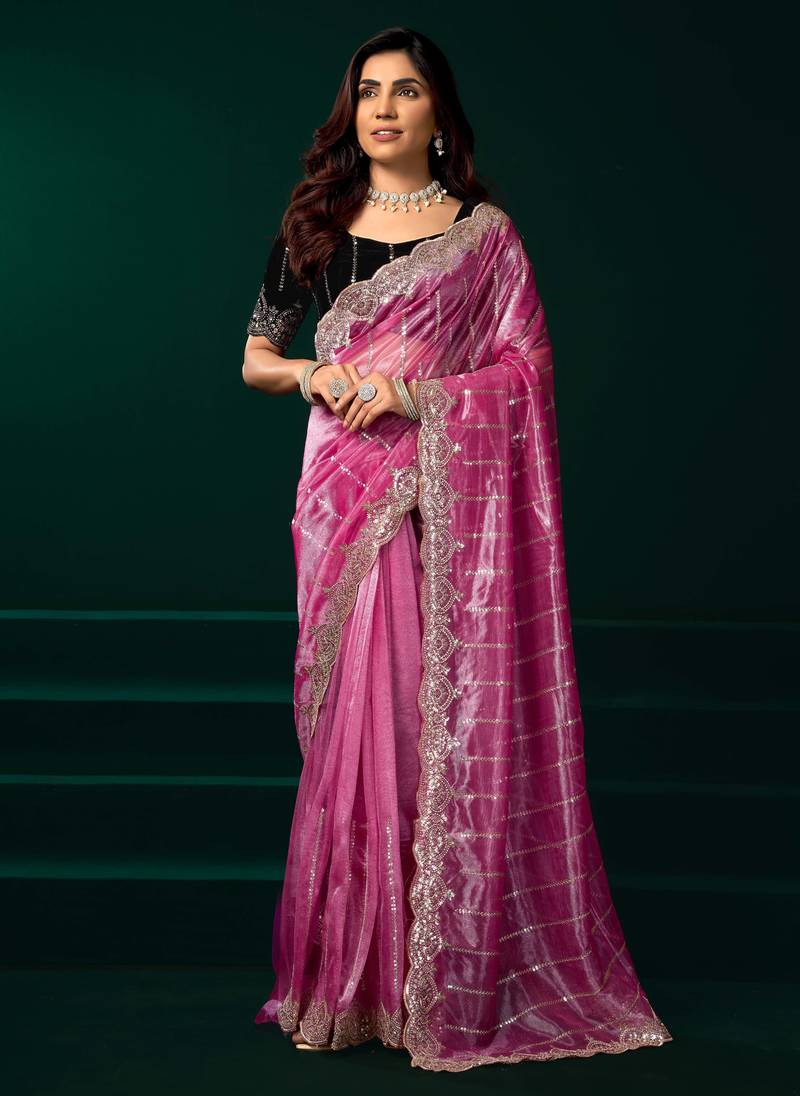 Rose pink embroidered net festival party wear saree with velvet blouse piece