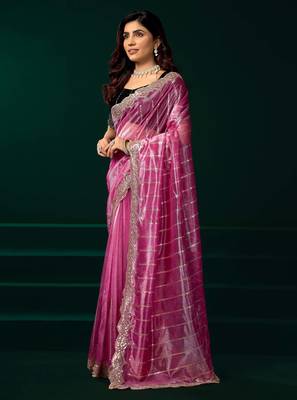rose pink net saree with embroidered floral vine designs 2