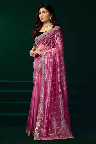 rose pink net saree with embroidered floral vine designs