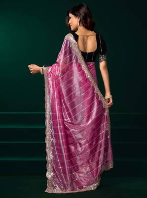 rose pink net saree with embroidered floral vine designs 3