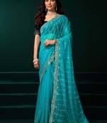 turquoise net saree with sequins embroidery