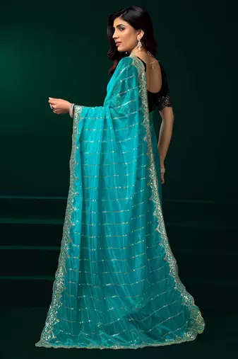 turquoise net saree with sequins embroidery
