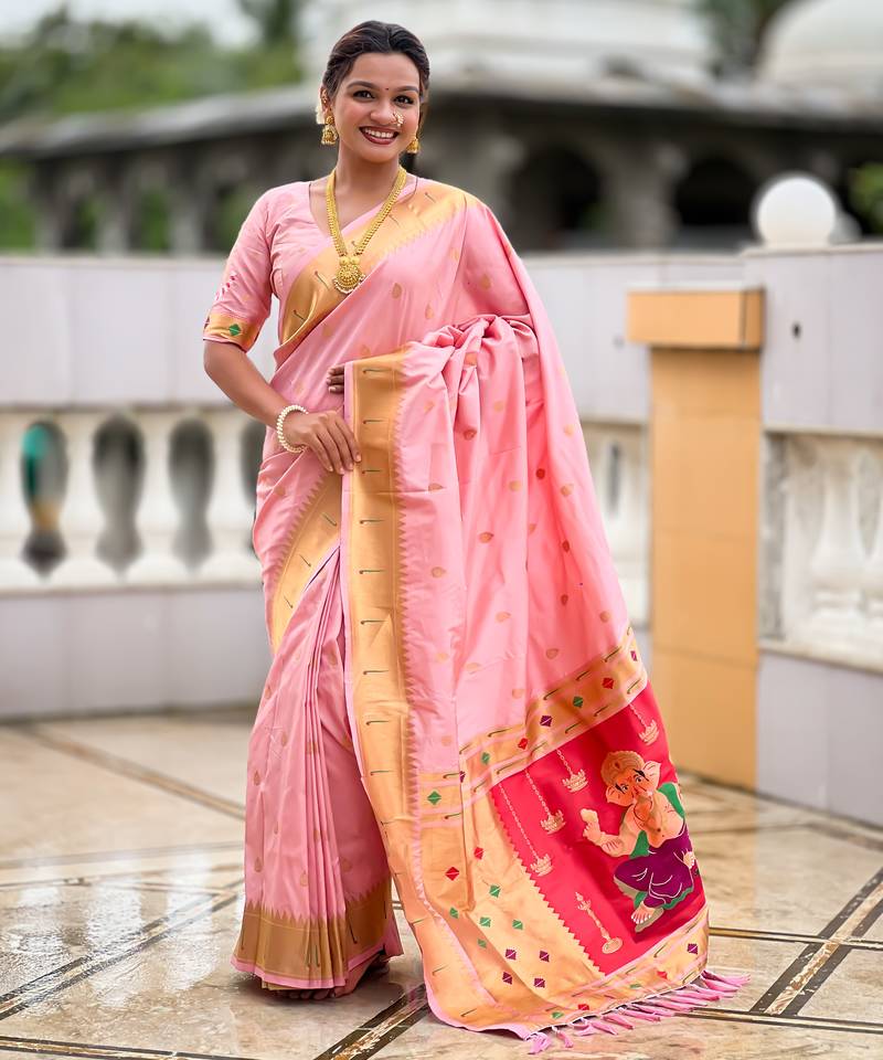 Soft paithani silk saree with zari weawing motifs design and meenakari weawing rich pallu