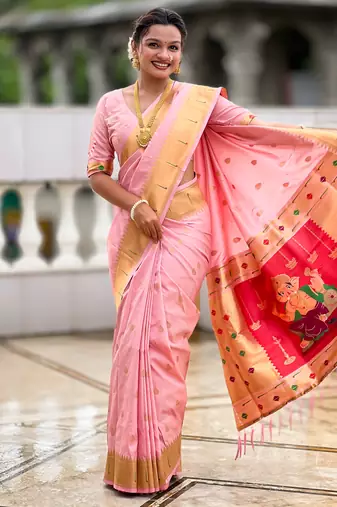 Soft paithani silk saree with zari weawing motifs design and meenakari weawing rich pallu