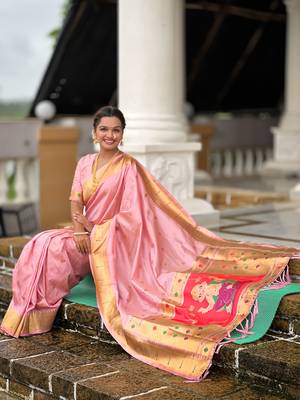 Soft paithani silk saree with zari weawing motifs design and meenakari weawing rich pallu 5
