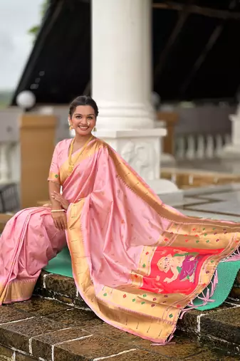 Soft paithani silk saree with zari weawing motifs design and meenakari weawing rich pallu