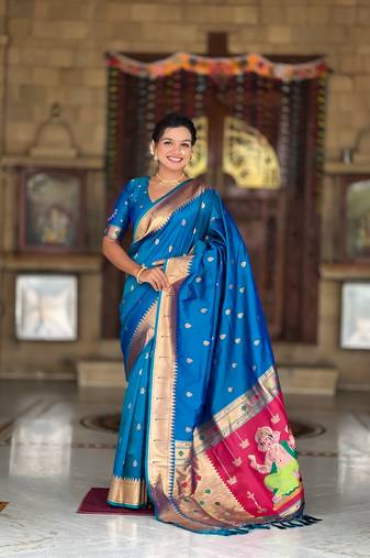 Soft paithani silk saree with zari weawing motifs design and meenakari weawing rich pallu