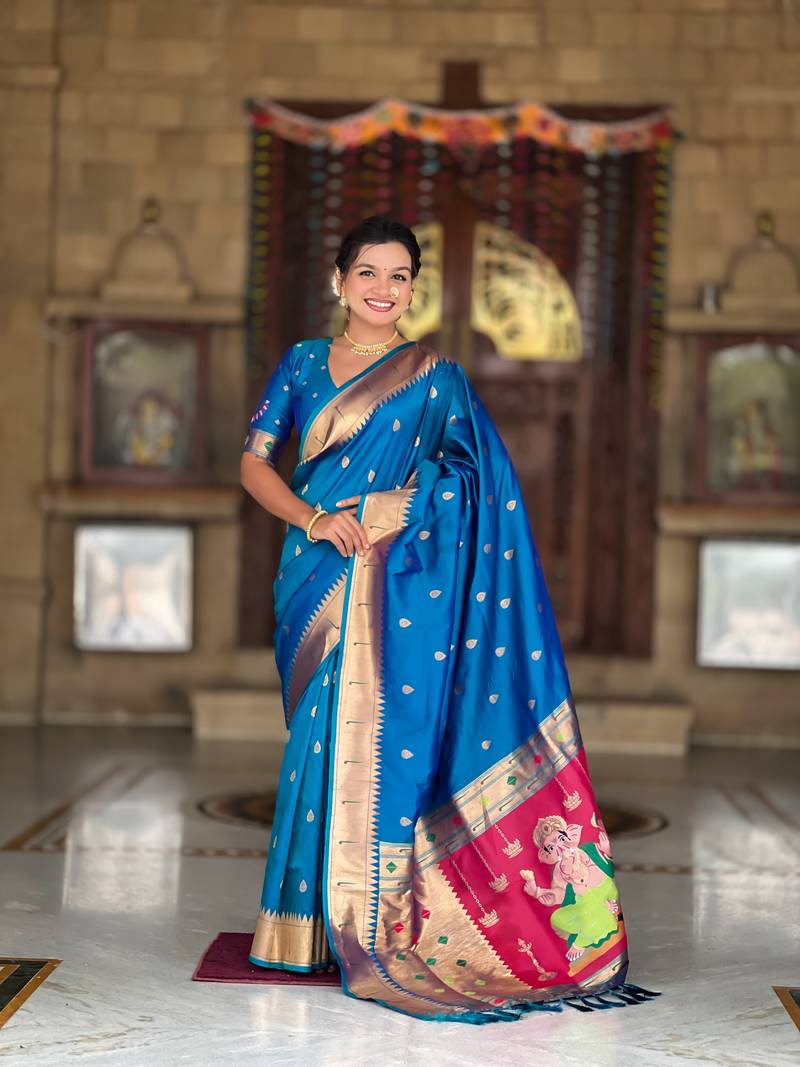 Soft paithani silk saree with zari weawing motifs design and meenakari weawing rich pallu