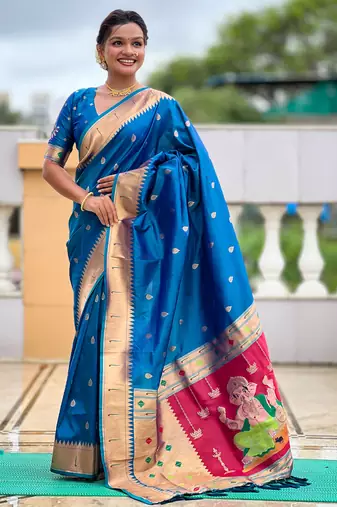 Soft paithani silk saree with zari weawing motifs design and meenakari weawing rich pallu