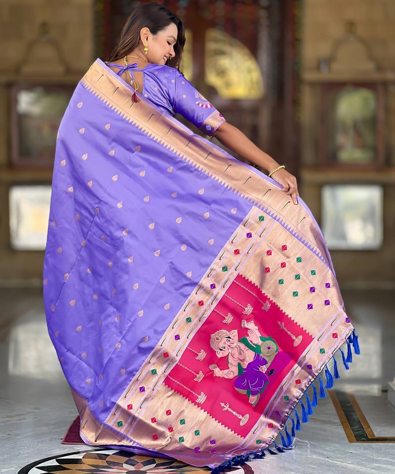 Soft paithani silk saree with zari weawing motifs design and meenakari weawing rich pallu