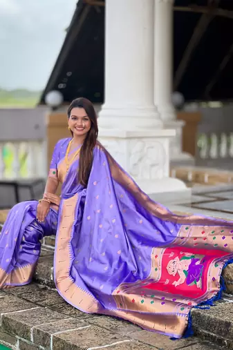 Soft paithani silk saree with zari weawing motifs design and meenakari weawing rich pallu