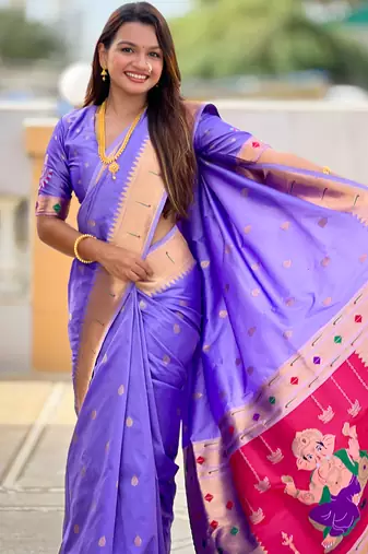 Soft paithani silk saree with zari weawing motifs design and meenakari weawing rich pallu