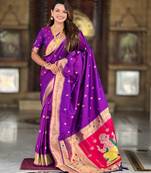 Soft paithani silk saree with zari weawing motifs design and meenakari weawing rich pallu