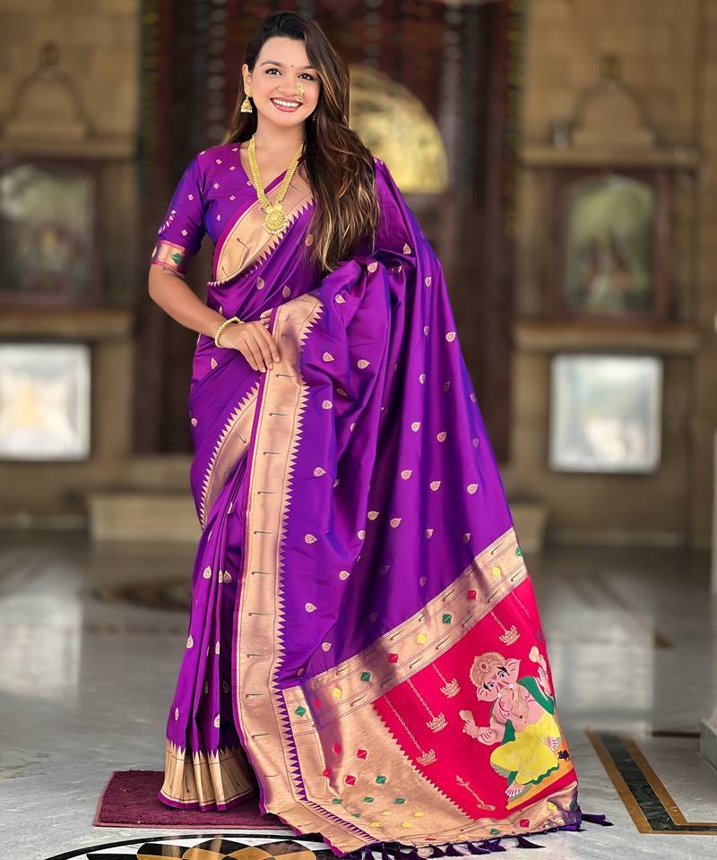 Soft paithani silk saree with zari weawing motifs design and meenakari weawing rich pallu