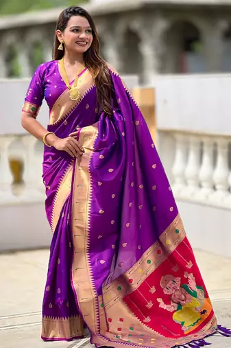 Soft paithani silk saree with zari weawing motifs design and meenakari weawing rich pallu
