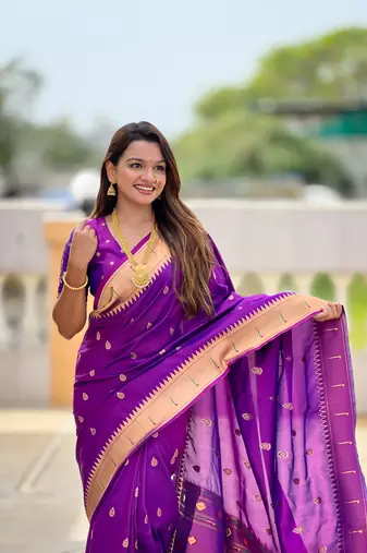 Soft paithani silk saree with zari weawing motifs design and meenakari weawing rich pallu