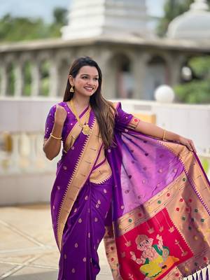 Soft paithani silk saree with zari weawing motifs design and meenakari weawing rich pallu 4