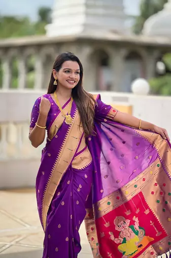 Soft paithani silk saree with zari weawing motifs design and meenakari weawing rich pallu