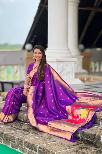 Soft paithani silk saree with zari weawing motifs design and meenakari weawing rich pallu