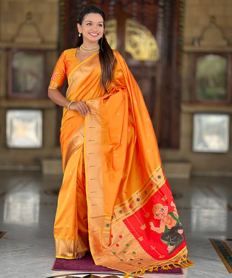 Soft paithani silk saree with zari weawing motifs design and meenakari weawing rich pallu