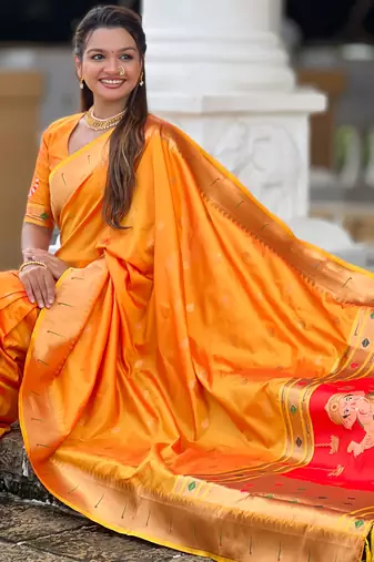 Soft paithani silk saree with zari weawing motifs design and meenakari weawing rich pallu