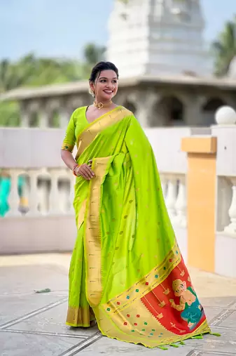 Soft paithani silk saree with zari weawing motifs design and meenakari weawing rich pallu