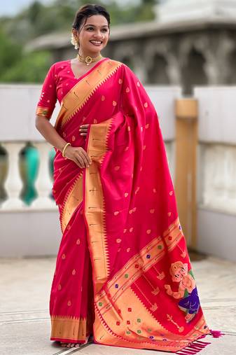 Soft paithani silk saree with zari weawing motifs design and meenakari weawing rich pallu