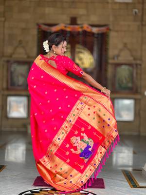 Soft paithani silk saree with zari weawing motifs design and meenakari weawing rich pallu 2