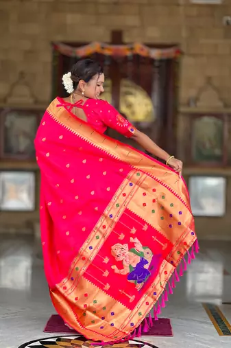 Soft paithani silk saree with zari weawing motifs design and meenakari weawing rich pallu