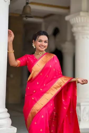 Soft paithani silk saree with zari weawing motifs design and meenakari weawing rich pallu