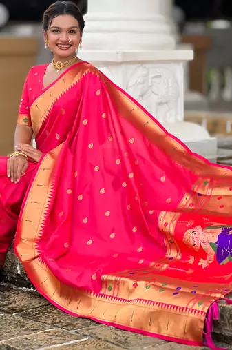 Soft paithani silk saree with zari weawing motifs design and meenakari weawing rich pallu