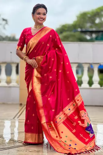 Soft paithani silk saree with zari weawing motifs design and meenakari weawing rich pallu