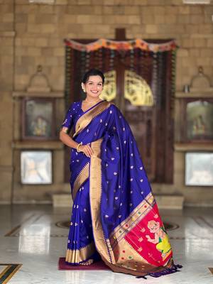 Soft paithani silk saree with zari weawing motifs design and meenakari weawing rich pallu 1