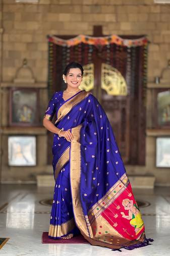 Soft paithani silk saree with zari weawing motifs design and meenakari weawing rich pallu