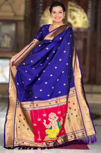 Soft paithani silk saree with zari weawing motifs design and meenakari weawing rich pallu