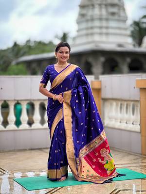 Soft paithani silk saree with zari weawing motifs design and meenakari weawing rich pallu 4