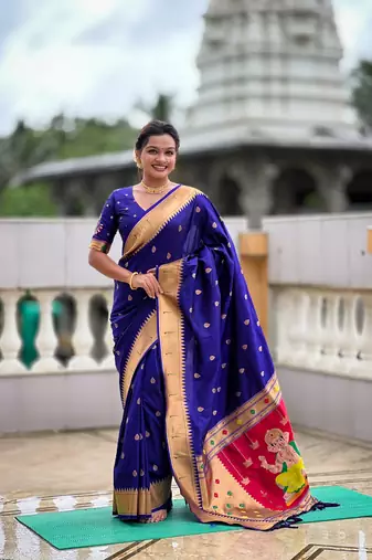Soft paithani silk saree with zari weawing motifs design and meenakari weawing rich pallu