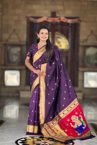 Soft paithani silk saree with zari weawing motifs design and meenakari weawing rich pallu