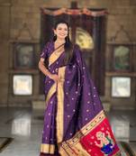 Soft paithani silk saree with zari weawing motifs design and meenakari weawing rich pallu