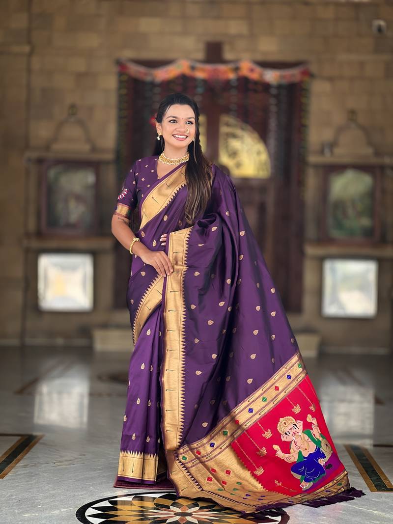Soft paithani silk saree with zari weawing motifs design and meenakari weawing rich pallu